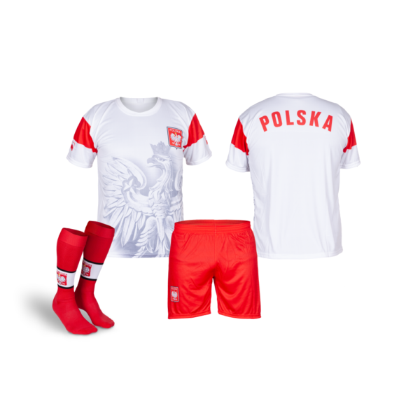 Strój sportowy + getry Polska biała orzeł