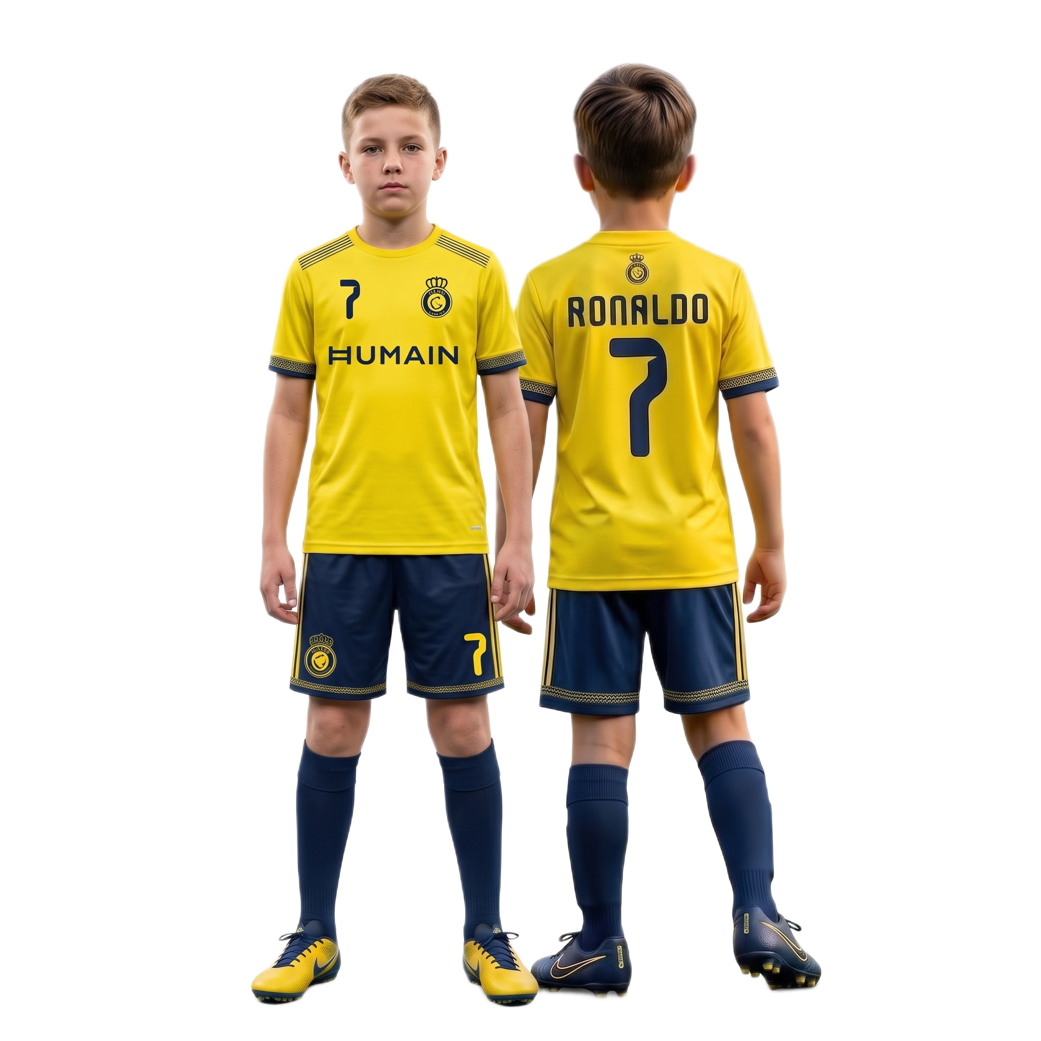 Strój sportowy Ronaldo Al Nassr 2026 ŻÓŁTO-GRANATOWY-GRANATOWY plus getry