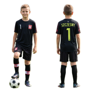 Strój sportowy + getry SZCZĘSNY Polska - czarny (koszulka, spodenki, getry)