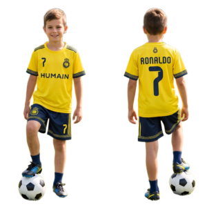 Strój sportowy RONALDO AL NASSR ŻÓŁTO GRANATOWY koszulka spodenki getry