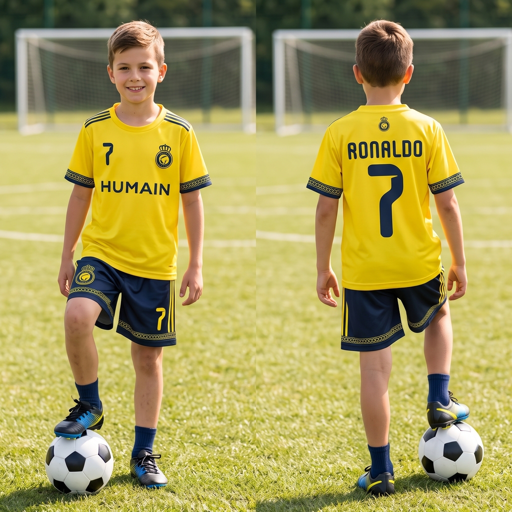 Strój sportowy RONALDO AL NASSR ŻÓŁTO GRANATOWY koszulka spodenki getry - obrazek 2