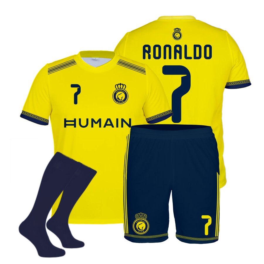 Strój sportowy Ronaldo Al Nassr 2026 ŻÓŁTO-GRANATOWY-GRANATOWY plus getry - obrazek 8