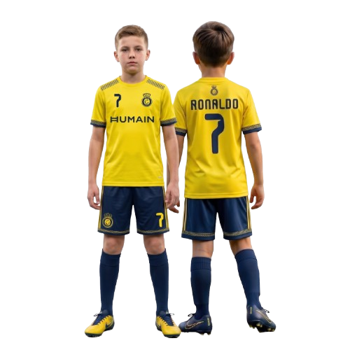 Strój sportowy Ronaldo Al Nassr 2026 ŻÓŁTO-GRANATOWY-GRANATOWY plus getry - obrazek 3