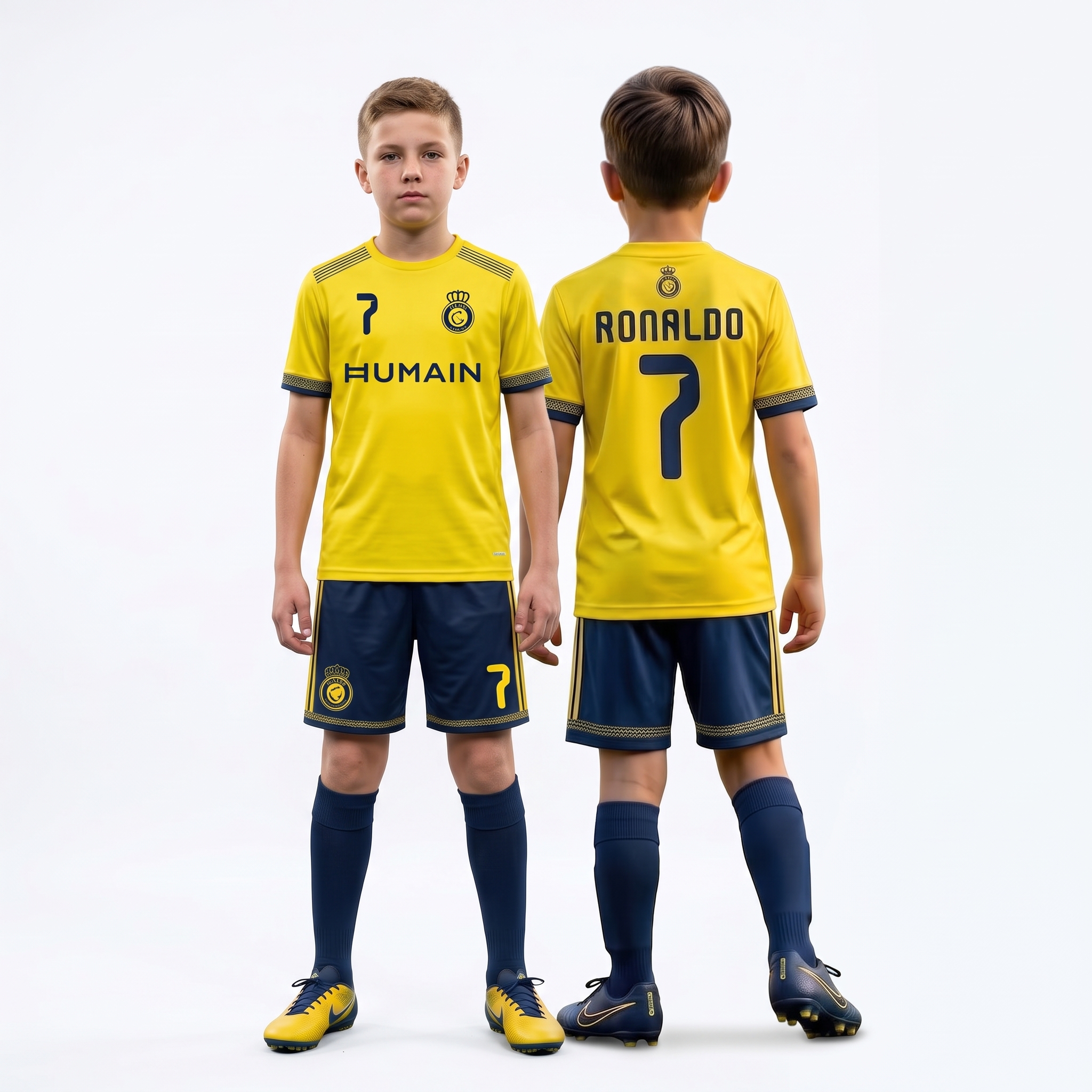 Strój sportowy Ronaldo Al Nassr 2026 ŻÓŁTO-GRANATOWY-GRANATOWY plus getry - obrazek 2