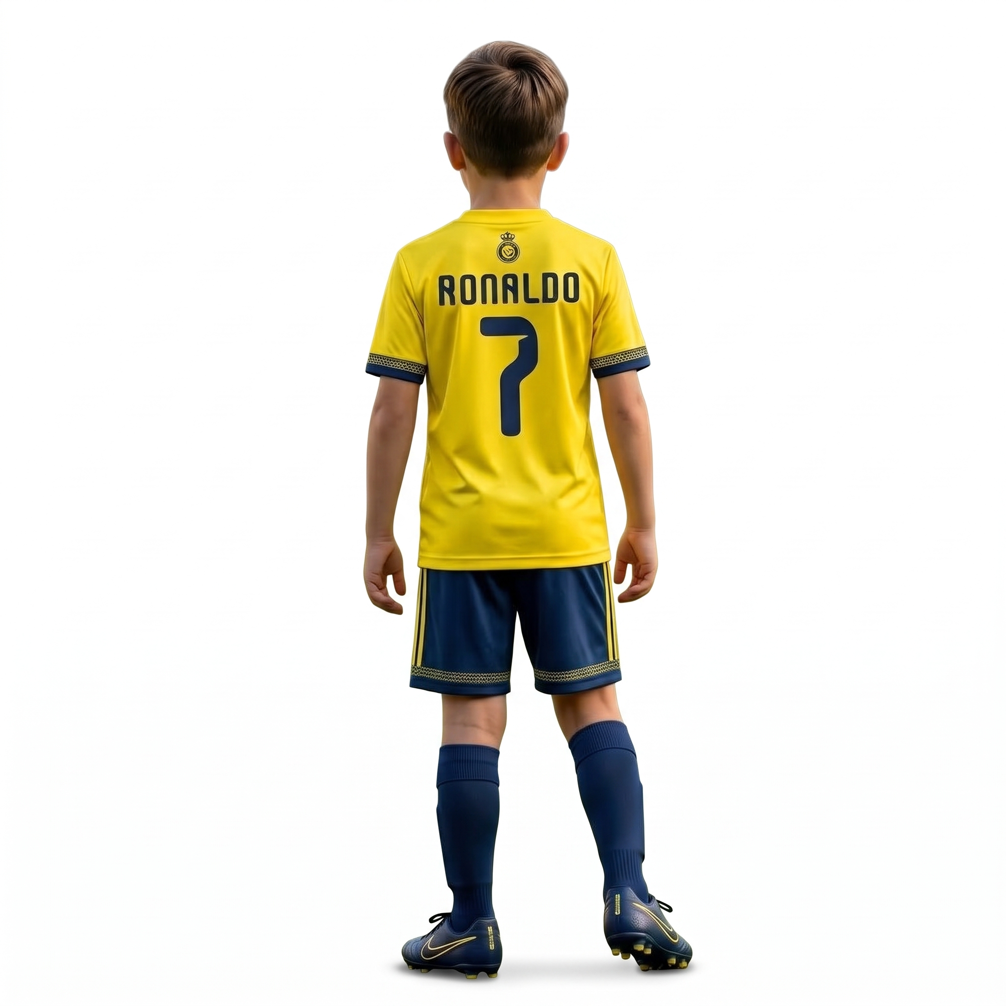 Strój sportowy Ronaldo Al Nassr 2026 ŻÓŁTO-GRANATOWY-GRANATOWY plus getry - obrazek 4