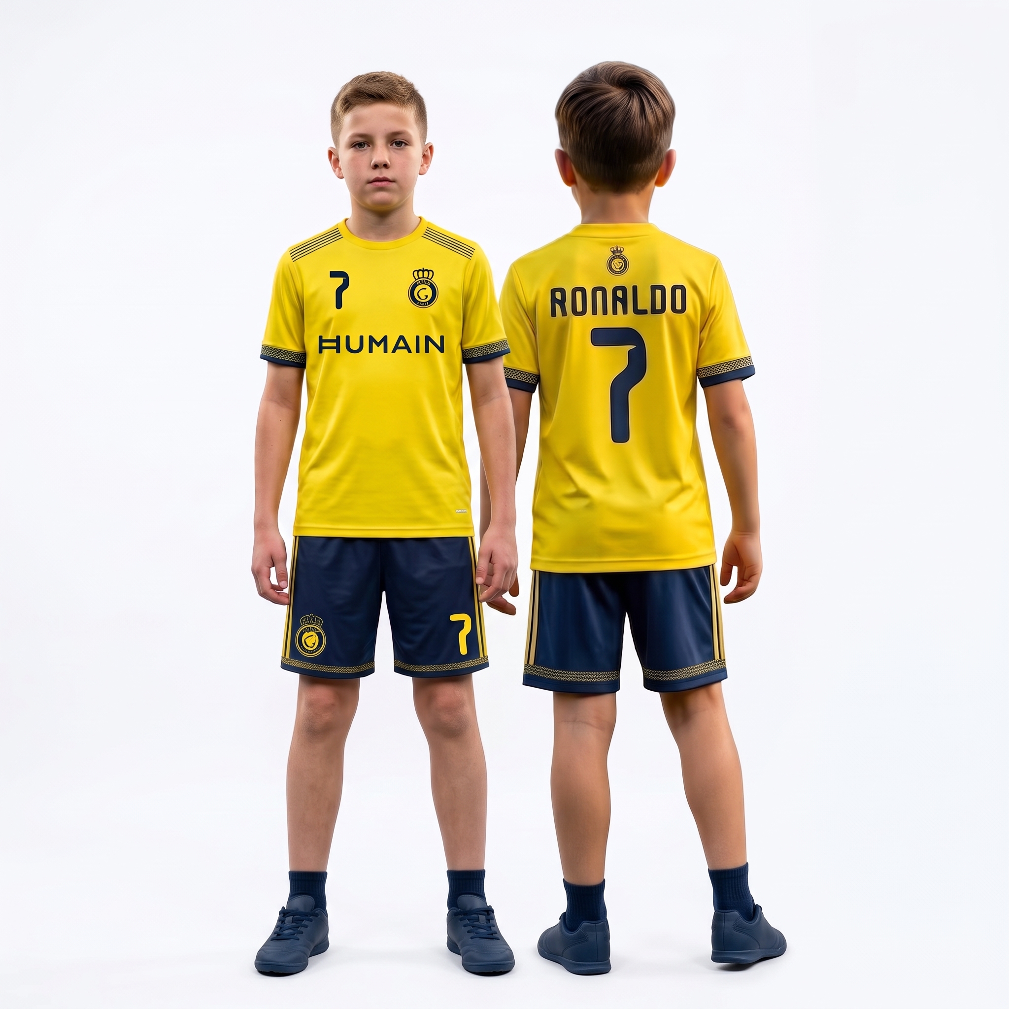 Strój sportowy Ronaldo Al Nassr 2026 ŻÓŁTO-GRANATOWY-GRANATOWY plus getry - obrazek 5