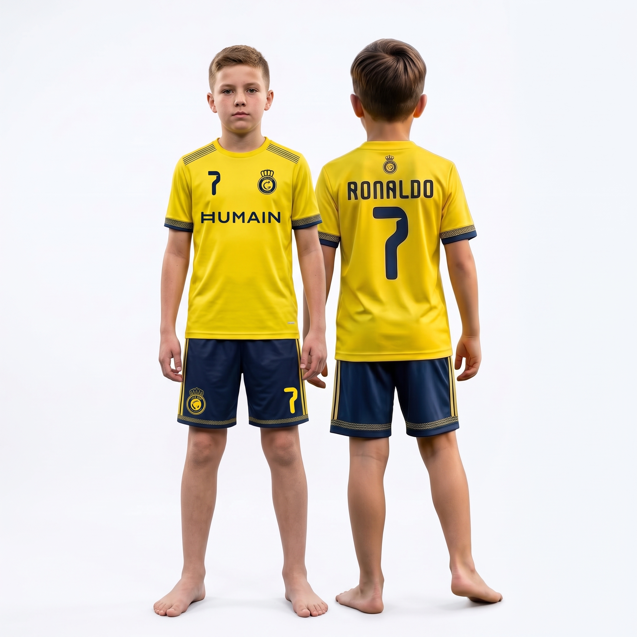 Strój sportowy Ronaldo Al Nassr 2026 ŻÓŁTO-GRANATOWY-GRANATOWY plus getry - obrazek 6