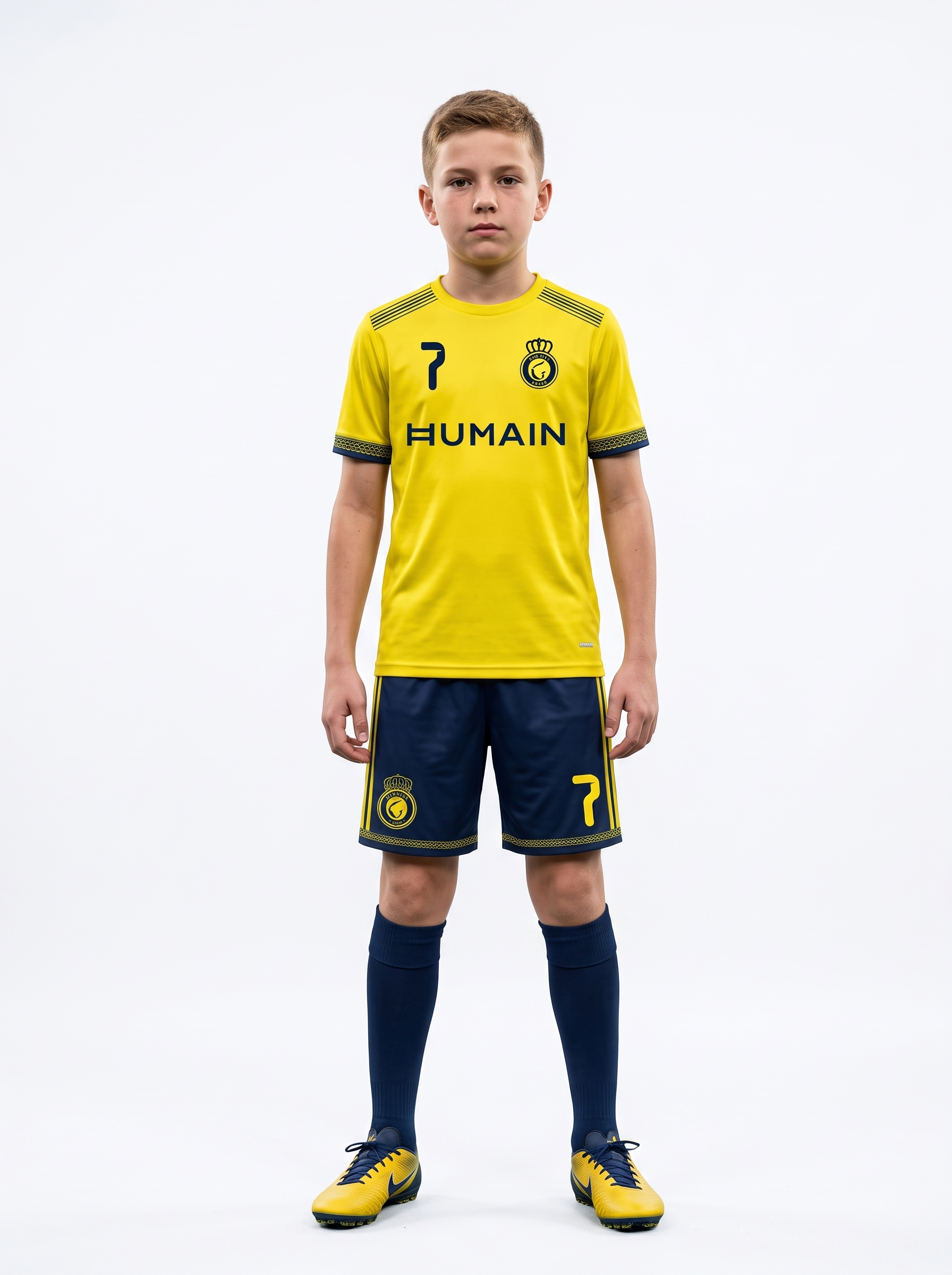 Strój sportowy Ronaldo Al Nassr 2026 ŻÓŁTO-GRANATOWY-GRANATOWY plus getry - obrazek 7